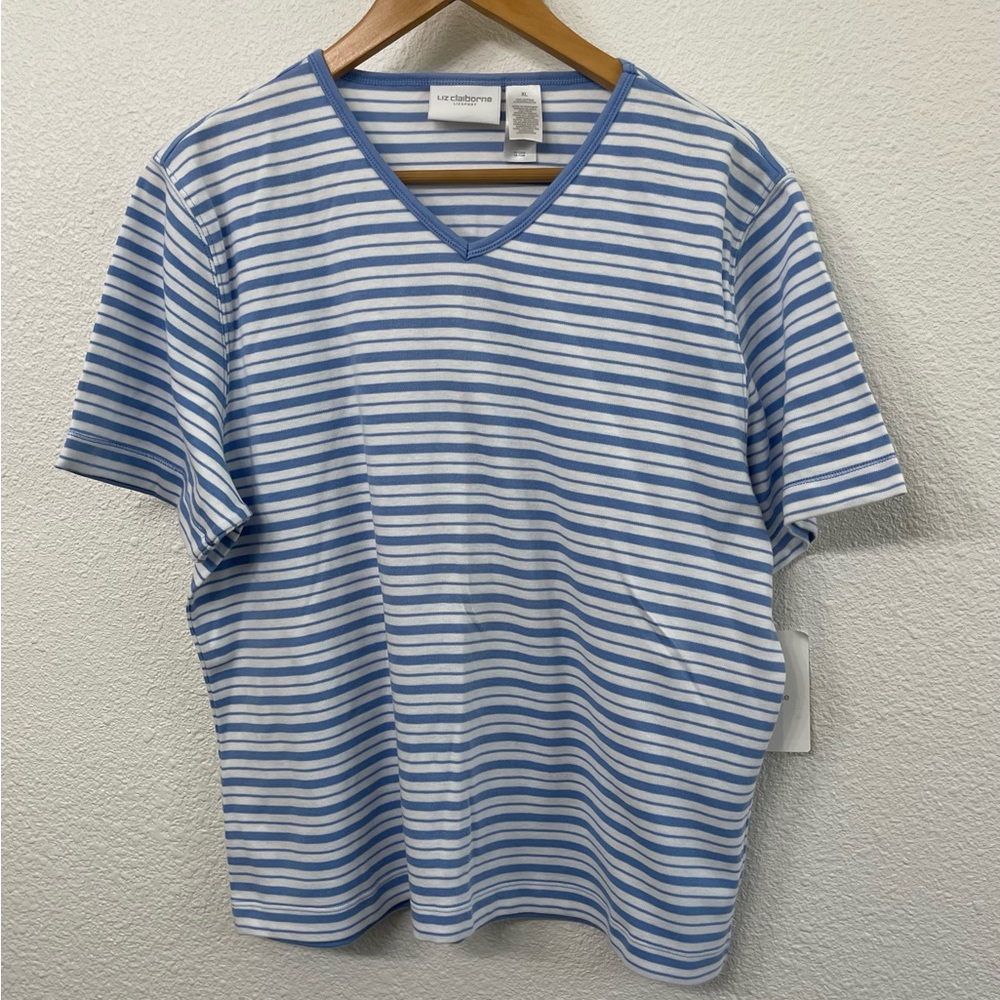 Liz Claiborne Lizsport Blue and White Striped v-neck Tee